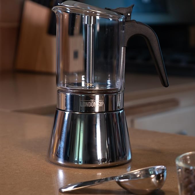 The London Sip Glass and Stainless Steel Stovetop Espresso Maker, Moka Pot Italian Coffee Percolator, Large (15.2 oz)