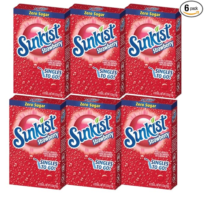 Sunkist Singles-To-Go Drink Mix, Strawberry, Non-Carbonated, Low-Calorie, Zero Sugar, 6 CT in each box (Pack of 6)