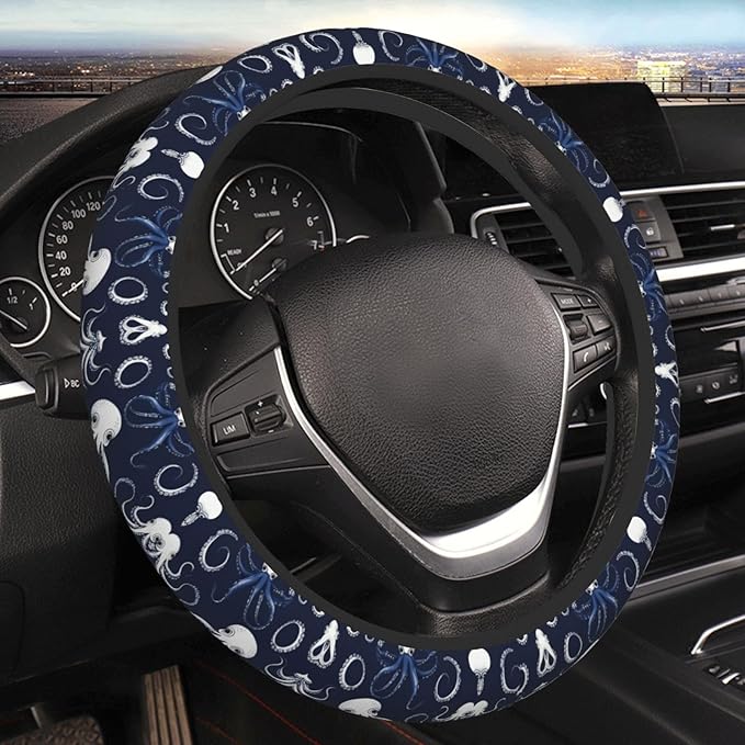 Squids and Octopi in Navy Car Steering Wheel Cover, 15 Inch Steering Wheel Cover Stylish Decor for Most Cars