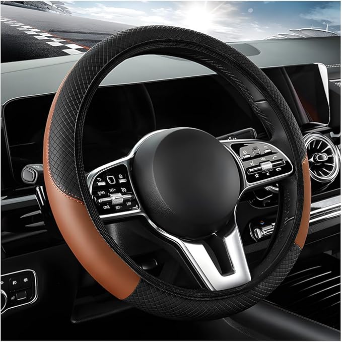 Elastic Steering Wheel Cover - Carbon Fiber Microfiber Leather Vehicle Steering Wheel Protector with Anti-Slip Lining - Black + Coffee, AD