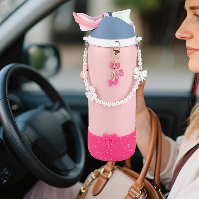 Water Bottle Accessories Set for Owala FreeSip 24oz、32 oz– Includes Pearl Handle Strap, Bow Charms,2.9in .3inch Silicone Bling Boot for Owala Accessories for Women