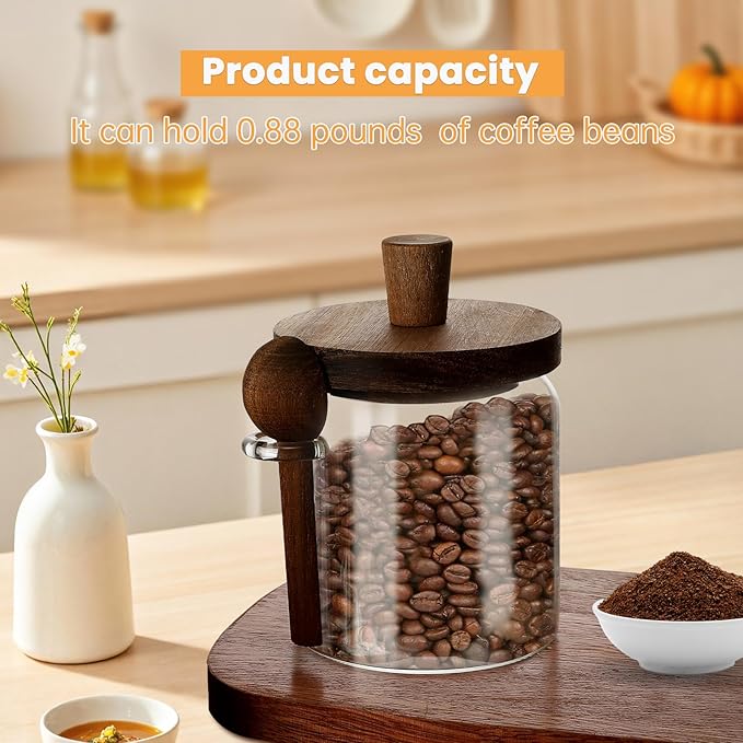 Glass Coffee Bean Storage Container, Wood Lid with Spoon, Airtight Silicone Seal, BPA-Free (500ML/16.91OZ)