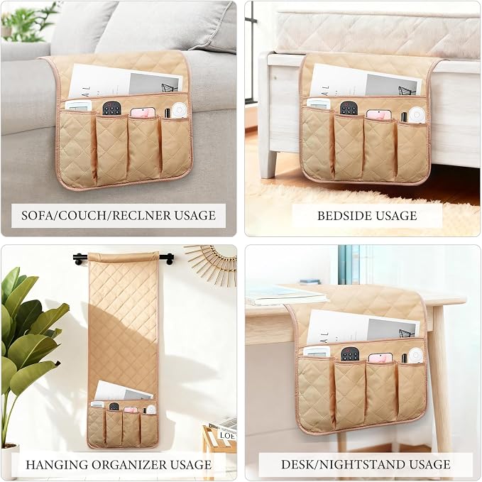 Armchair Caddy for Recliner, Couch Caddy Storage Organizer with 5 Pockets, Non Slip Sofa Arm Organizer for Remote Controls, Phone, Magazines, Tablet (Light Khaki)