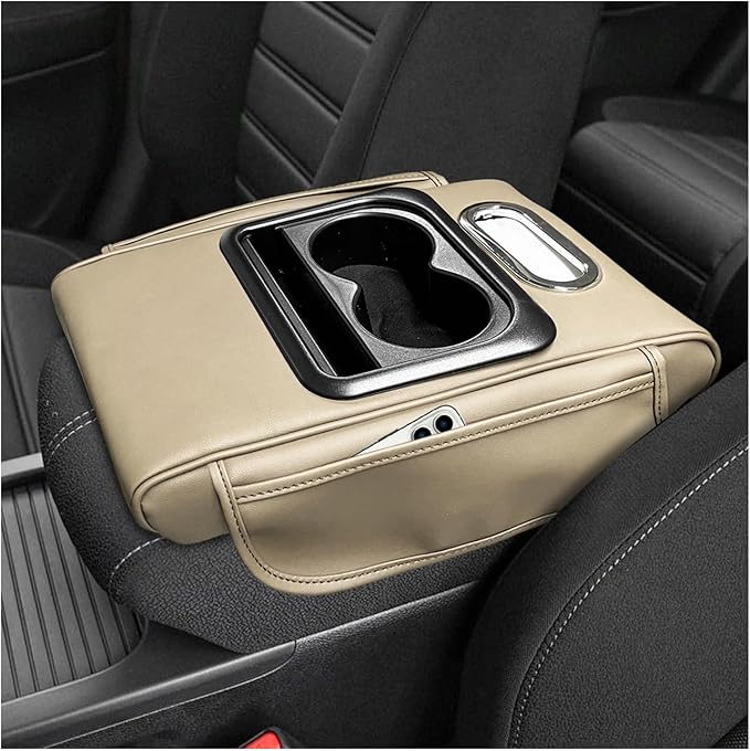 Car Center Console Armrest Pillow, 5-in-1 Armrest Cushion w/ 2 Side Bags, Tissue Box Slot, Cup & Phone Holder, Multifunctional Leather Auto Arm Rest Cover Storage Organizer (Beige, Normal)