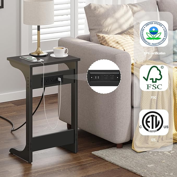 TUTOTAK C Shaped End Table with Charging Station, Side Table, Couch Table for Small Spaces, Tv Tray Table with 2 USB Ports and Outlets, Living Room, Bedroom TB01BK044