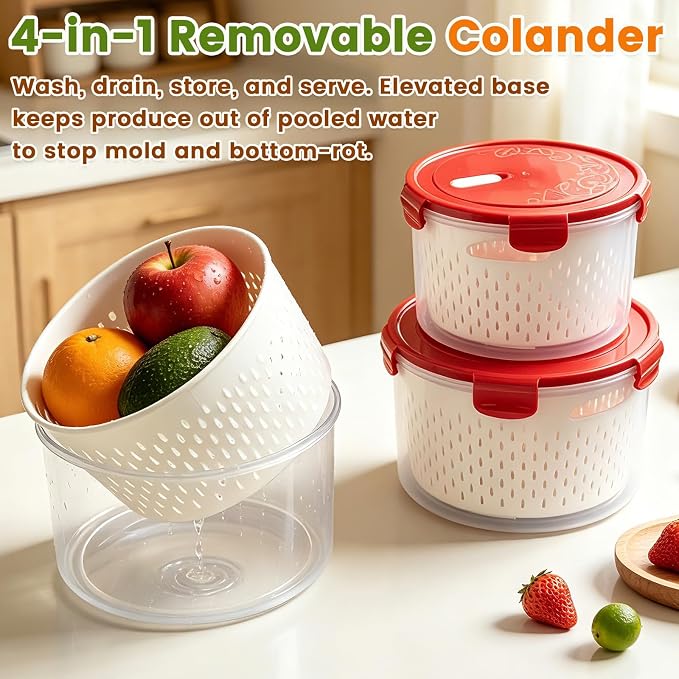 TBMax 8 Pieces Airtight Fruit Storage Containers for Fridge with Air Circulation Vent, 4 Pack Round Produce Saver with Colander for Berry Lettuce Salad Vegetable Storage, Refrigerator Organizers