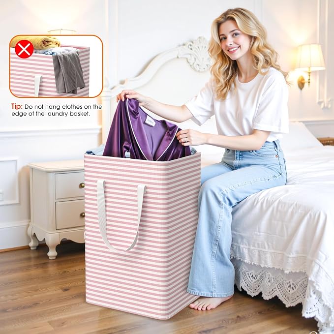 3 Pack Large Laundry Basket,Waterproof & Freestanding Laundry Hamper,Collapsible Clothes Hampers with Easy Carry Long & Reinforced Handles in Bathroom,College Dorm(88Lx3,Pink)