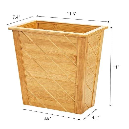 Frcctre Bamboo Waste Basket, Rectangular Compact Waste Trash Can Garbage Bin Built-in Handles Brown Container Bin for Bedroom, Office, Living Room, Kitchen, Bathroom