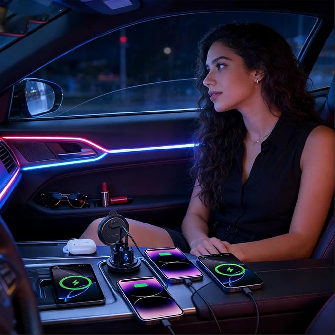 USB Car Charger - Fast PD+QC3.0 Charging Station, Digital Display Monitor Design, USB-A + ÚSB-C Ports + 60W Output Power Spec, ABS PVC -Grade Construction - for Cars, Trucks & Motorcycles