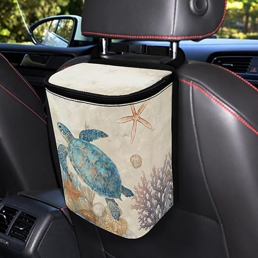 Car Accessories Back Seat Multipurpose Cars Trash Can with Lid, Leak Proof Waterproof Hanging Cars Garbage Can for Road Trip Travel, Turtle Starfish Print