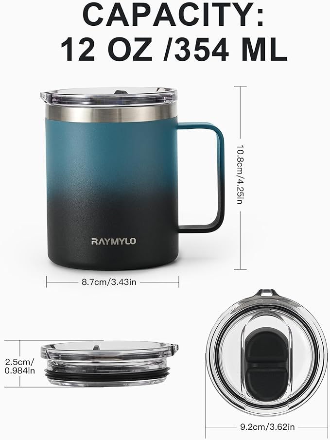 Insulated Coffee Mug 12 oz, Double Wall Stainless Steel Coffee Mug with Lids, Leak-Proof & Detachable Slider Lid for Thorough Clean, Keeps Coffee Cold for 9 Hrs, Suitable for Camp Home Office