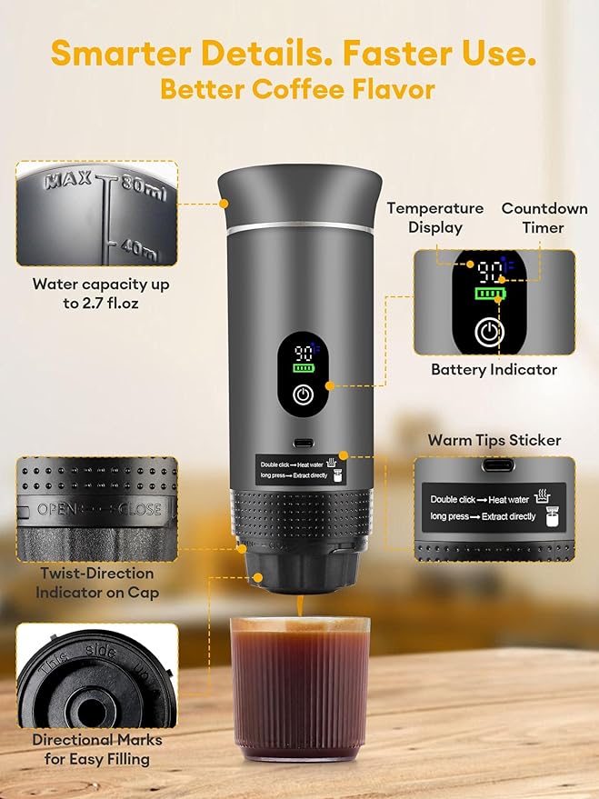 Upgraded 3 in1 Portable Espresso Machine with LED Display,20 Bar Pressure,Real-Time Temp&Battery Indicator,Portable Coffee Maker Compatible with Ground Coffee & Capsules, for Travel,Home & Office(Grey