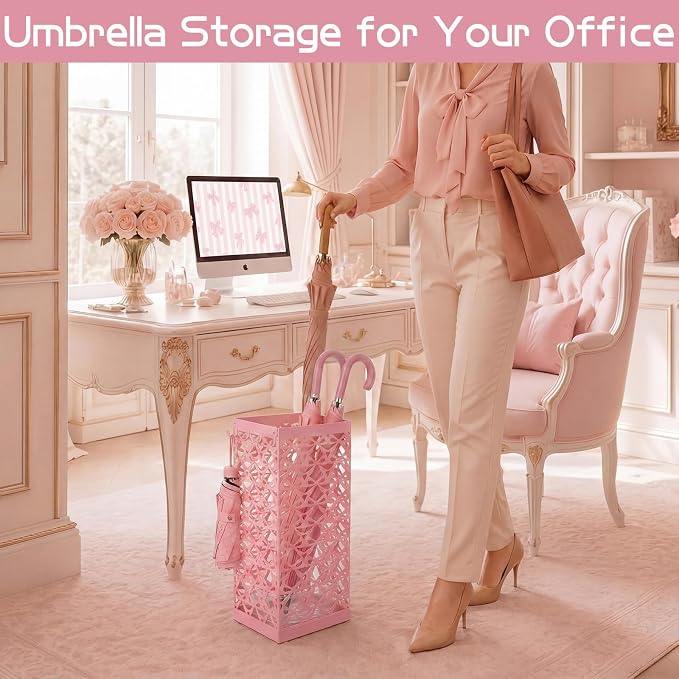 Hicarer Pink Bow Umbrella Stand Metal Umbrella Holder with Removable Drip Tray & 4 Hooks for Entryway Cute Coquette Square Freestanding Walking Sticks Storage Bin for Home Hallway, 16 x 6.3 x 6.3 Inch