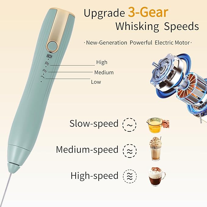 Rechargeable Milk Frother Handheld,Kitchen Essentials Hand Mixer with 3 Stainless Whisks Heads,Electric Whisk Frother for Latte, Cappuccino,Matcha, Egg, Milk Powder,with Stand (green)