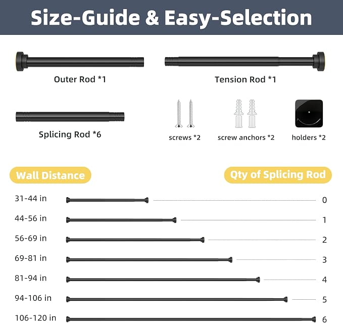 STARLATTA Long Tension Shower Curtain Rod 31-120 Inch (10ft): 1.1" Dia Rustproof Stainless Steel, No Drilling Heavy Duty, Adjustable Room Divider for Bathroom Window, Matte Black