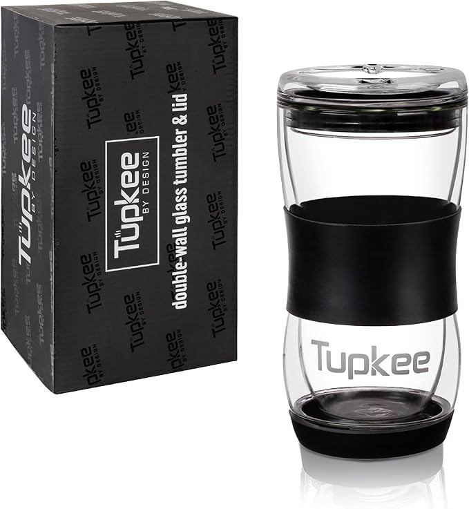 Tupkee 20 oz Double Wall Glass Tumbler With Lid – All Glass Hand Blown Reusable Insulated Travel Mug - For Coffee, Tea, Boba, Iced Coffee, and Smoothie Cup To Go – Black