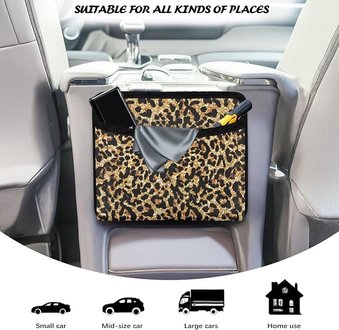 Renewold Gold Leopard Print Car Side Pocket Organizer Holder for Cell Phone Sunglasses Cards Front Back Seat Storage Pocket for Car Small Auto Console Door Window Storage Bag for Interior Organizer