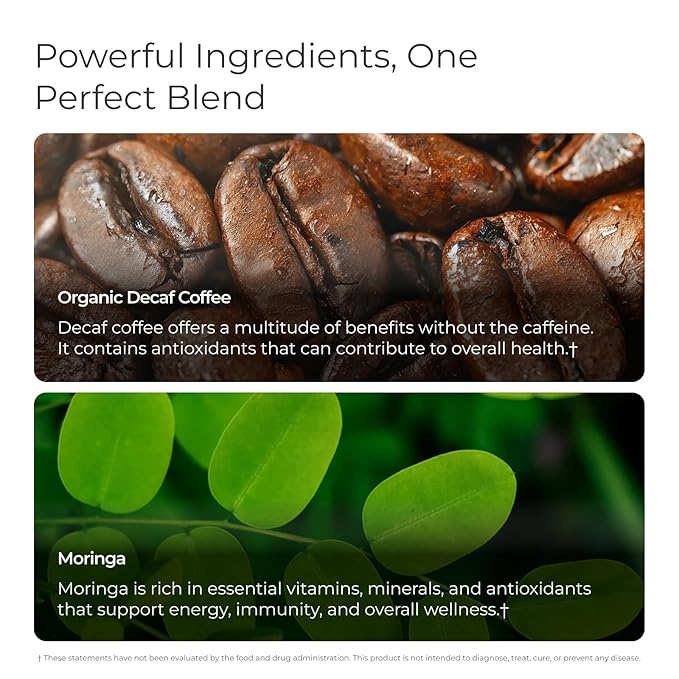 Livingood Daily Coffee with Moringa, Ground Decaf Coffee with Plant Based Ingredients for Daily Wellness, Made with Moringa Powder, Organic, Non GMO, Vegan, Gluten Free, 20 Servings, 12 oz Bag