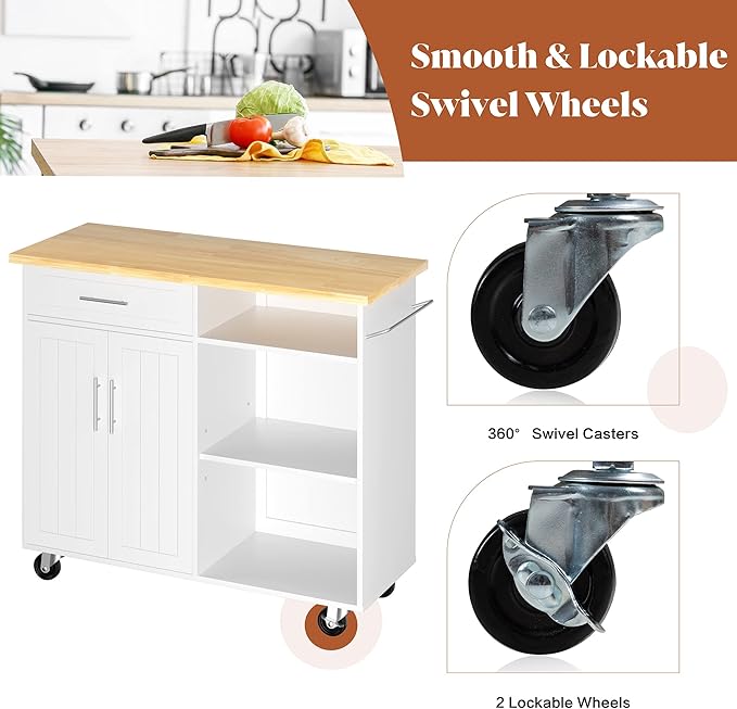 SUNLEI Kitchen Island on Wheels with Storage Cabinet & Drawer, 42" Multifunction Kitchen Cart Cabinet with Shelves, Cart Handle for Towel Rack or Free Mobility, Portable Islands for Kitchen(White)