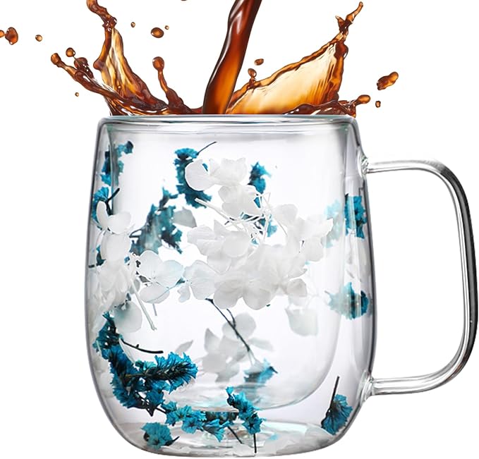 Dried Flowers Insulated Glass Double Wall Coffee Mug With Handle 250ml/390ml Transparent Double Glases Flower Tea Cup Latte Coffee Cup Borosilicate Glass Tea Mug