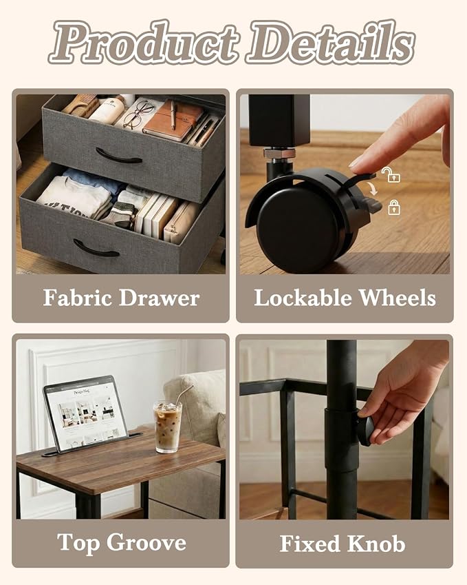 Faesun Swivel Lift Top Nightstand with Charging Station, Rolling Side Table for Recliner, Bedside Table with Wheels & 2 Fabric Drawers, for Small Spaces, for Bedroom, Living Room, Walnut Gray
