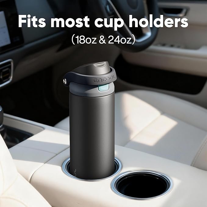 ENCOOL Leakproof Insulated Water Bottle with Straw Dual-Sip Water Bottle Bag-Safe Design for Work, Commute & Gym – Keeps Drinks Cold All Day, 24 oz, Jet Black