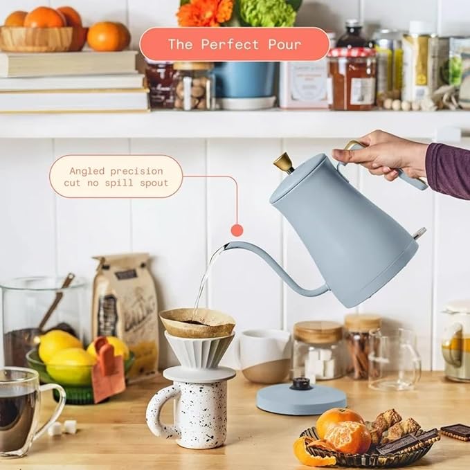Electric Gooseneck Kettle 1 Liter 1200W, Stainless Steel, Pour Over Coffee Tea, Auto Shut-Off, 360° Cordless Power Base (Cornflower Blue)