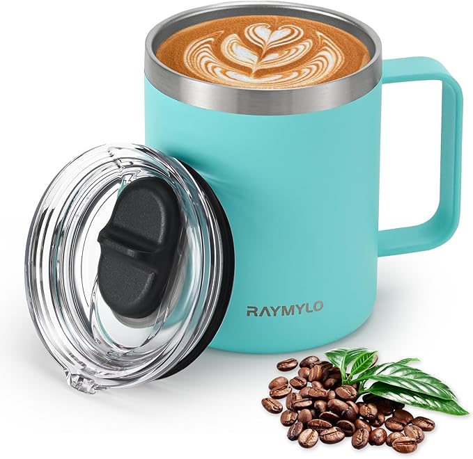 Insulated Coffee Mug 12 oz, Double Wall Stainless Steel Coffee Mug with Lids, Leak-Proof & Detachable Slider Lid for Thorough Clean, Keeps Coffee Cold for 9 Hrs, Suitable for Camp Home Office