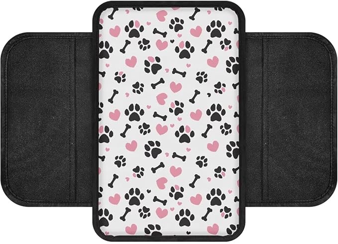 Dreaweet Car Center Console Cover Cute Dog Paw Print Armrest Cover Cushion with 2 Storage Pockets Universal Car Armrest Seat Box Pad Car Interior Accessories Protector for Most Vehicle