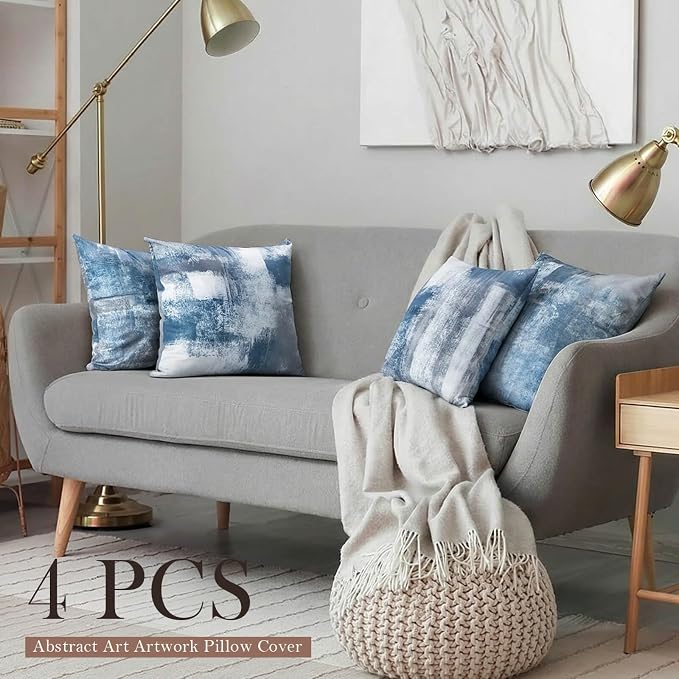 Set of 4 Blue and Grey Abstract Art Artwork Pillow Cover 18 x 18 Inch, Gallery Modern Decorative Throw Pillows Cushion Cover for Bedroom Sofa Living Room
