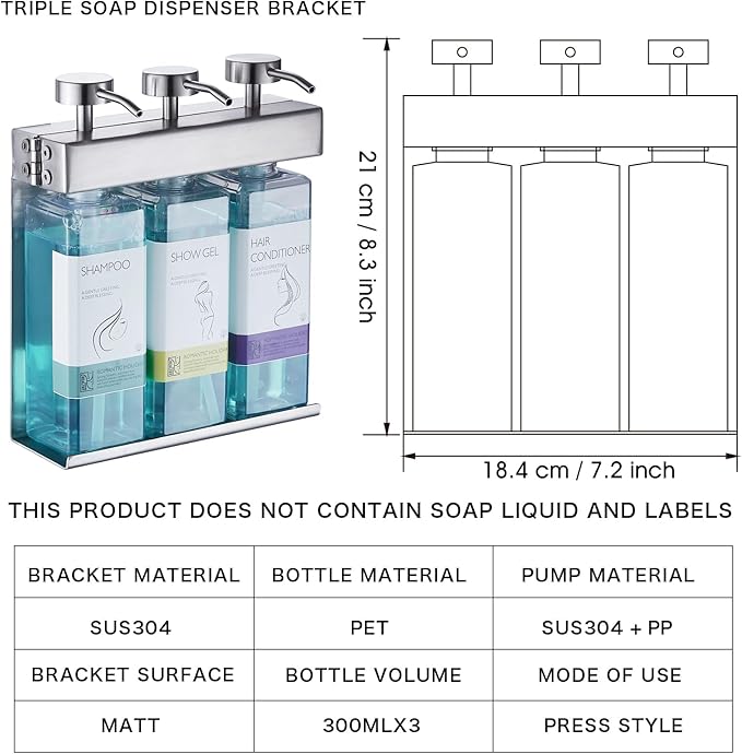 Shampoo, Conditioner, Bath Shampoo Dispenser 3 refillable soap Dispenser Pump Bottles - Bathroom Stainless Steel Wall-Mounted Bath Soap Dispenser Empty Shower Gel Dispenser Set (3 Room)