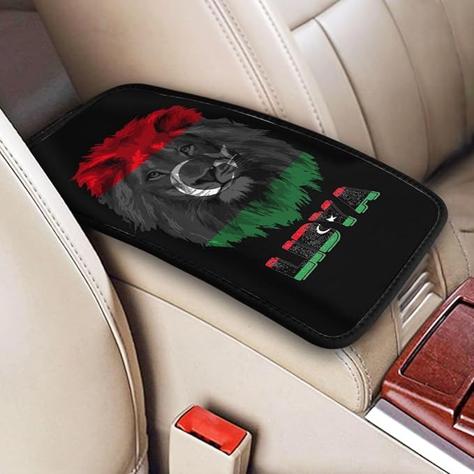 Vintage Libya Libyan Flag Lion Head Auto Center Console Armrest Cover Car Handrail Box Cushion Pad Mat Universal Fit Most Vehicle Sedan Truck SUV Soft Comfort Decor Accessories