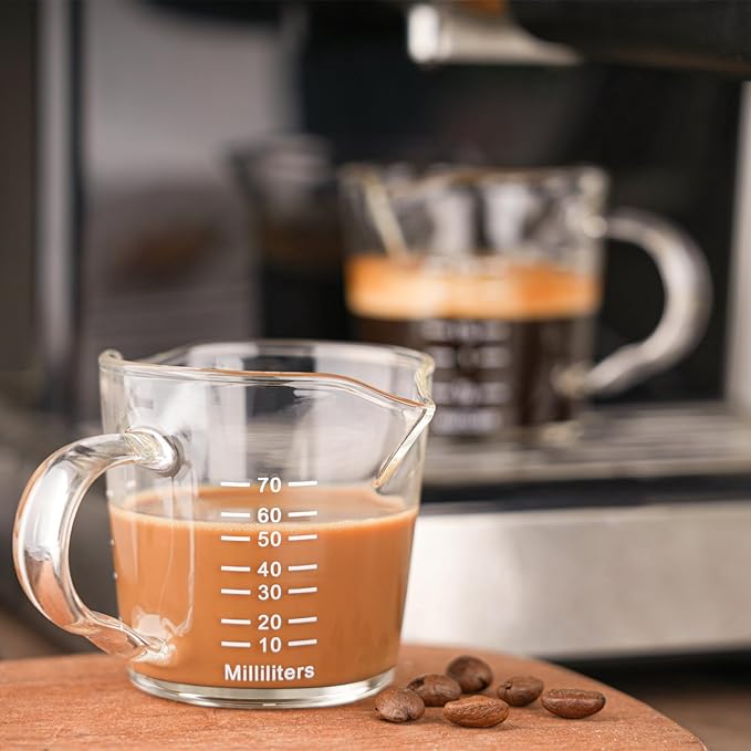 Espresso Shot Glass 3-Ounce Triple Pitcher Barista Double Spouts With Pouring Handle (2 Pack)