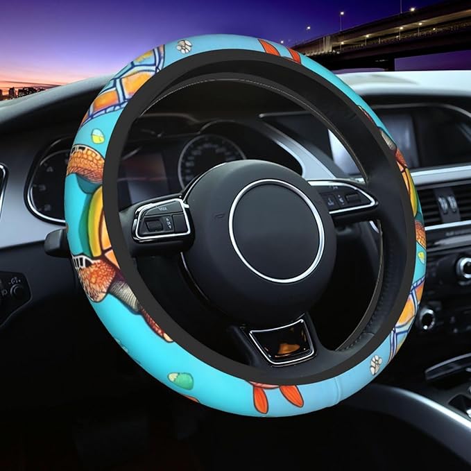 Turtle and Fish Steering Wheel Cover. Car Decor,Anti-Slip,Sweat Absorption,Easy Carry, Universal 15 Inch, 11103
