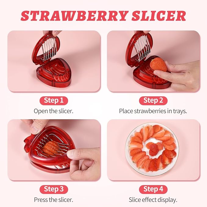 2 PCS Strawberry Slicer, Strawberry Fruit Cutter Slicer Kitchen Gadget Set, Kids Egg Slicer, Fruit Slicing Tool with Stainless Steel Blade
