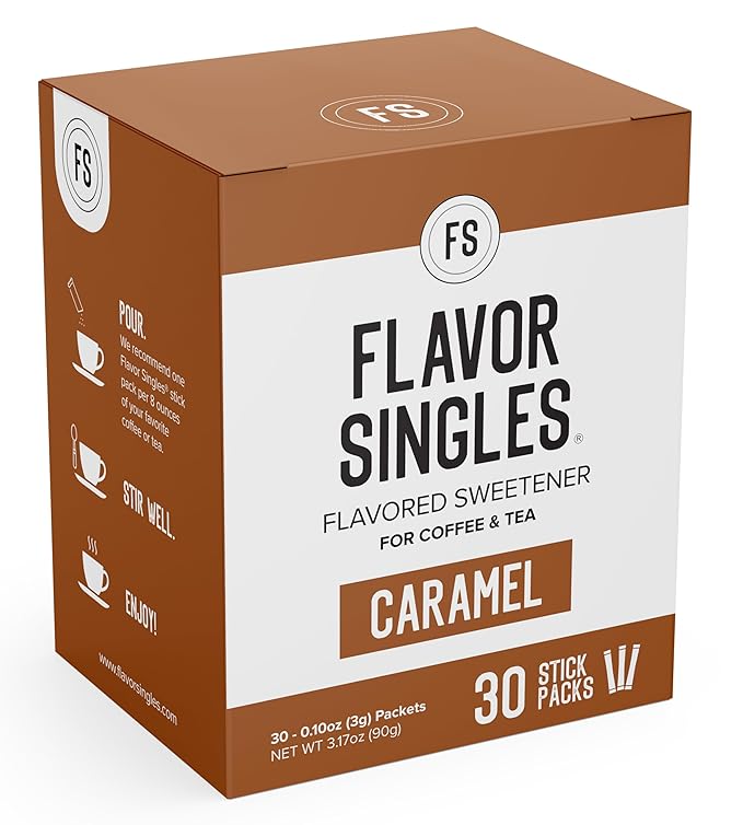 Flavor Singles Caramel Powdered Sweetener Packets for Coffee & Tea, Travel Ready Single-Serve Syrup Alternative, 30 Count (Pack of 3)