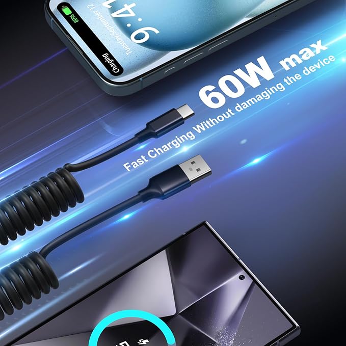 78W Retractable USB C Car Charger, OKRAY 3-Port 12v Cigarette Lighter Car Adapter with Type C PD30W Fast Charging Cord+Coiled USB C Cable for iPhone 17 Air 16 15 14 Pro Max, Samsung Galaxy S25 S24 A16