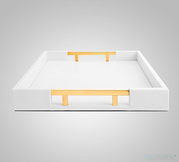 Modern Elegant 17.5"x12" Rectangle Glossy Faux Leather Shagreen White Decorative Serving Tray with Gold Polished Metal Handles for Ottoman Coffee Table Perfume