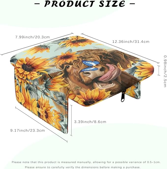 Dreaweet Sunflower Highland Cow Arm Rest Cover for Car Women Thick Center Console Cover with Pockets Soft Comfortable Car Armrest Cushion Universal Console Covers for SUV Trucks