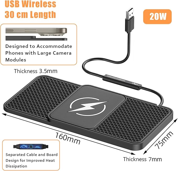 Wireless Car Phone Charger for Kia Optima GT/T-GDI, Type C/USB 20W Fast Charging Pad, Non-Slip Charging Station for Travel Home Office Desk, Lightweight, USB