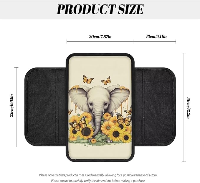 BIGCARJOB Cute Elephant Car Armrest Storage Box for Center Console,Universal Center Console Armrest Pads for Truck Cars Interior Accessories Sunflower Print Car Armrest Seat Box Cover