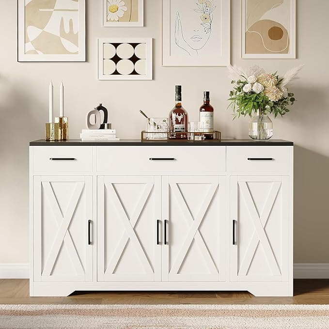 Farmhouse Modern Buffet Sideboard Cabinet with 3 Drawers, 55" Large Wood Kitchen Storage Coffee Bar Cabinet for Kitchen, Dining Room