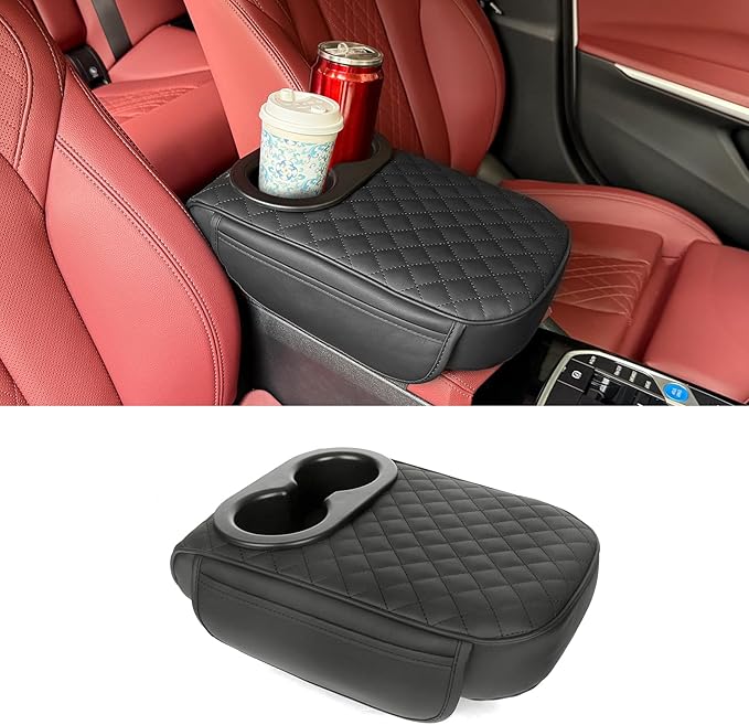MAIKER Auto Center Console Armrest Pillow for Universal Car, PU Leather Car Armrest Cushion with Cup Holder and 2 Side Storage Bag, Armrest Box Cover Protector