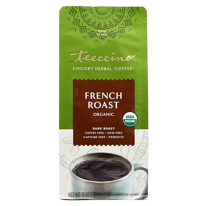 Teeccino French Roast Chicory Coffee Alternative, 11 Ounce: Ground Herbal Coffee That’s Prebiotic, Caffeine-Free & Acid-Free, Dark Roast, with Carob and Chicory, No artificial flavors