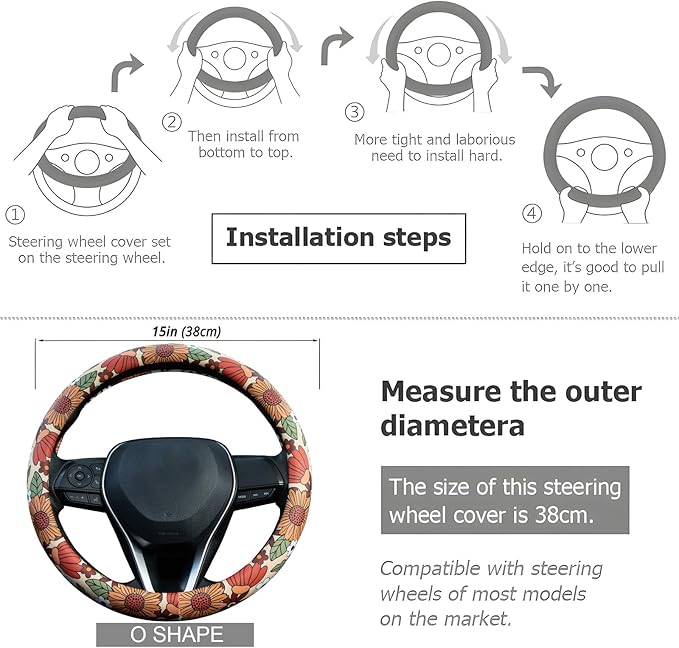 Sunflower Retro Steering Wheel Cover Auto Jacquard Steering Wheel Protector, Anti-Slip, Breathable, Absorbing Sweat, Universal Car Accessories 14.5–15 inch,Fit for Most Car, Trucks, SUV