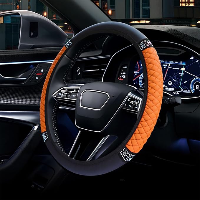 Bling Soft Leather Steering Wheel Cover, 15" Anti-Slip Sparkly Crystal Auto Elastic Steering Wheel Protector for Women Girl, Colorful Diamond Car Interior Accessory for Most Cars (Orange)