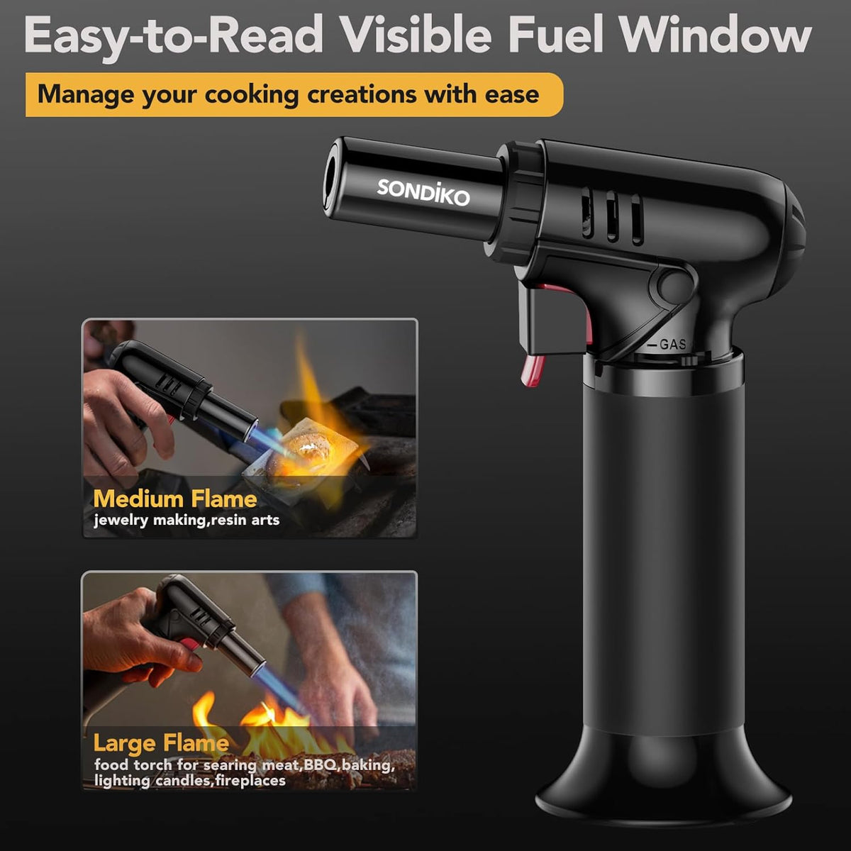 Sondiko Butane Torch Lighter with Visible Fuel Window, Refillable Soldering Torch with Adjustable Flame for Welding, Resin Art, Industrial(Butane Gas Not Included)