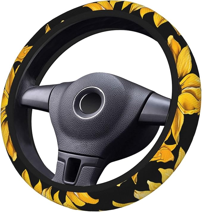 Steering Wheel Cover Polyester Thick Non-Slip Car Steering Wheel Cover Protector Universal 15 Inch, Yellow Sunflower Theme