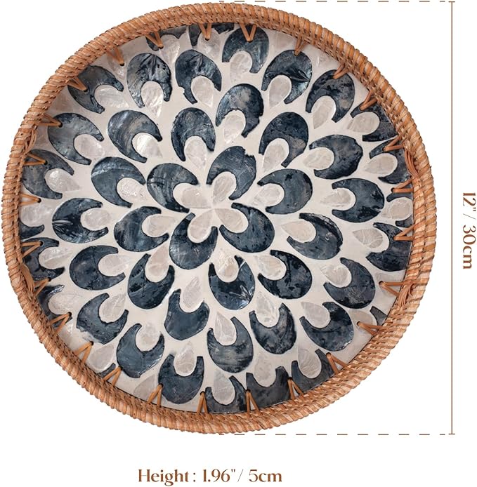 YANGQIHOME Round Serving Tray with Handle, Rattan Tray with Decorative Mother of Pearl Inlay, Round Wicker Trays for Home Decor, Coffee Table, Gifts, Dining, 11.8 inch