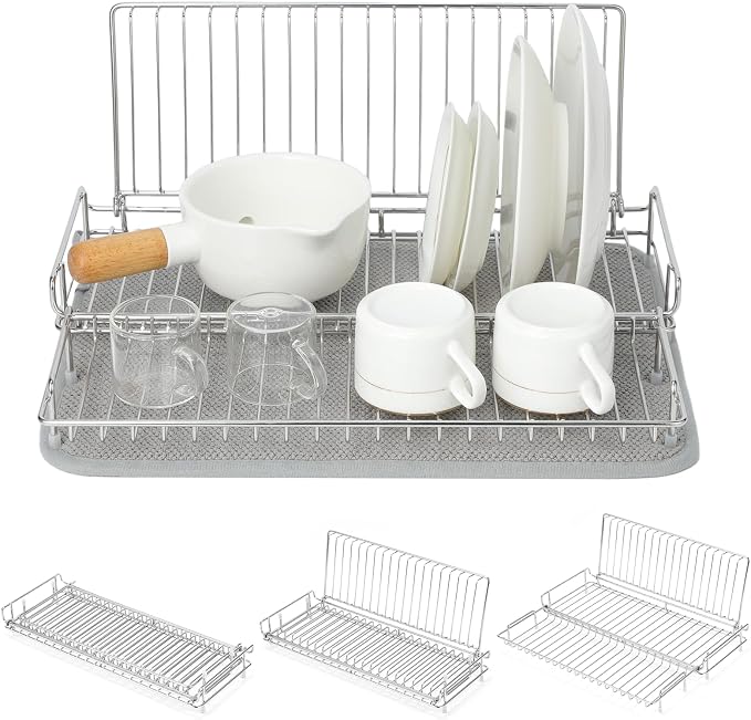 Foldable Dish Drying Rack, Small Dish Drying Rack for Narrow Kitchen Counter, Compact Dishes Drying Rack with Grey Drying Mat - Collapsible, Stainless Steel, Silver
